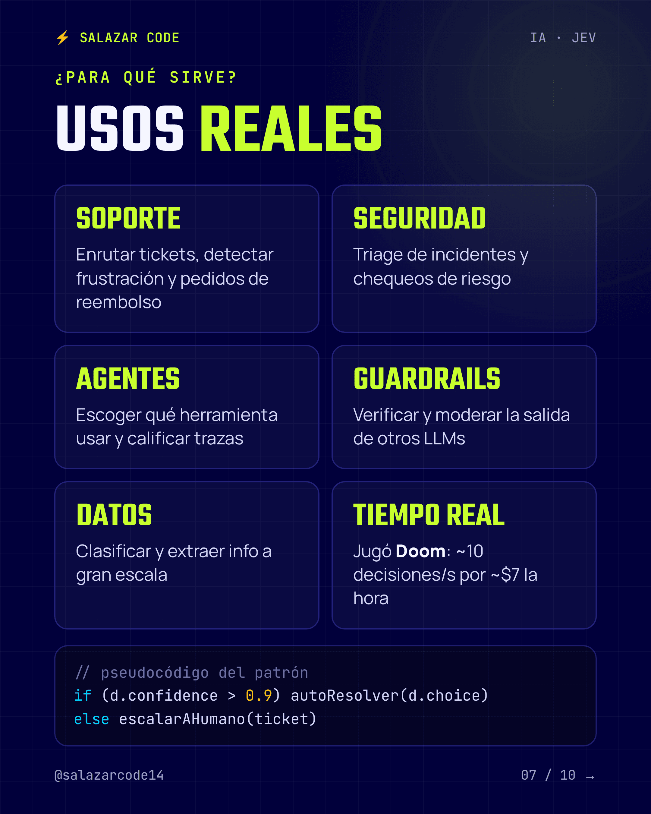 Usos reales de Jev: soporte, seguridad, agentes, guardrails, datos y tiempo real