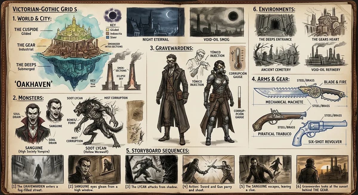 Hoja de arte conceptual del mundo de Oakhaven: distritos, monstruos y armas